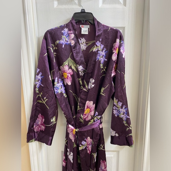 Woman Within Intimates Robe Womens Large Long Floral Long Sleeve Waist Tie Satin - Picture 2 of 7